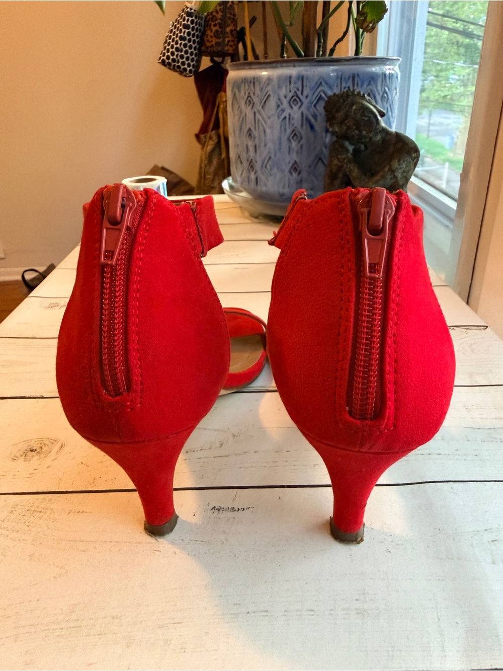 Style & Co. | Red Faux Suede Ankle-Strap Open Toe Heels - Picture 6 of 9
